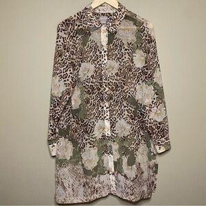 Chico’s Poised Blossoms Sheer Tunic Women Size 12/14 Brown Tan Floral Leopard